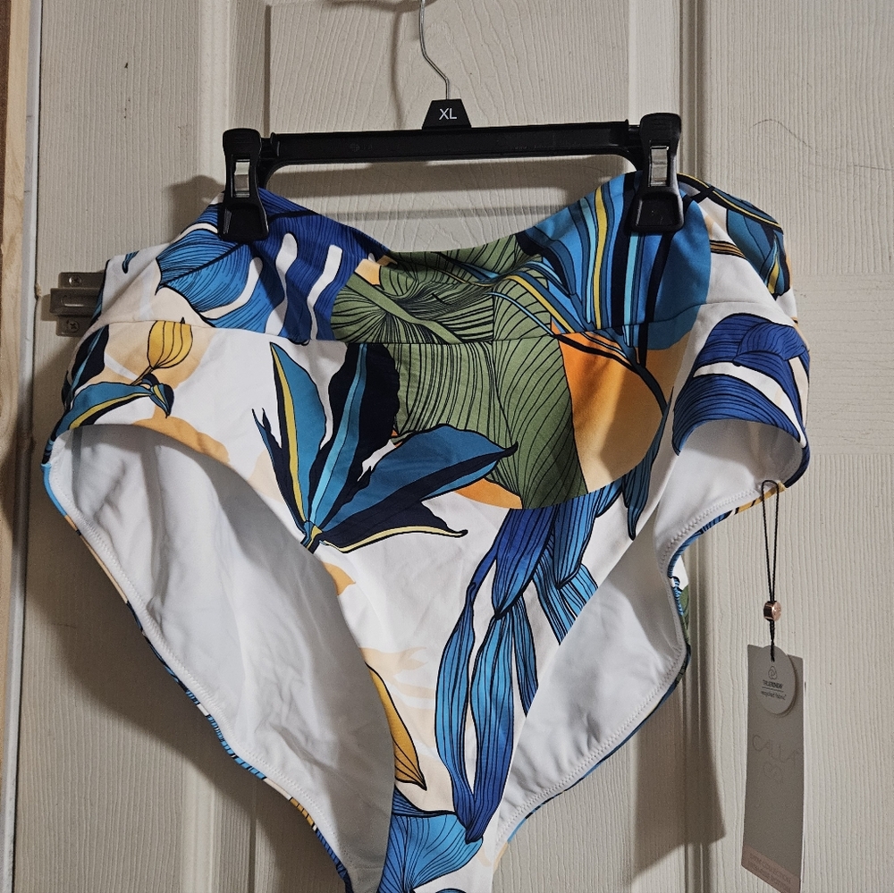 CALIA Women's Wide Banded High Rise Swim Bottoms:BOTANICAL PRINT WHITE: NWT: XXL